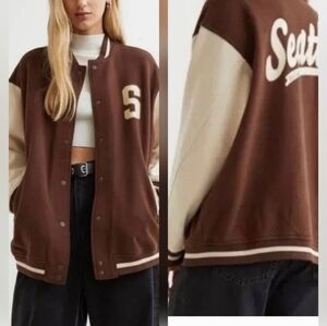Divided Brown and Cream Varsity Jacket Classic Collegiate Style